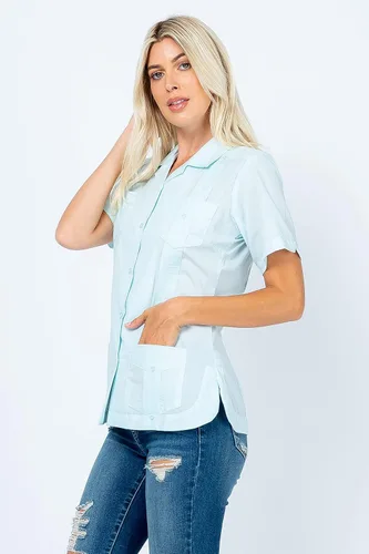 Vista 5 de Mojito Collection Guayabera de manga corta clásica de mezcla de algodón para mujer con 4 bolsillos Aguamarina (Aquamarine)