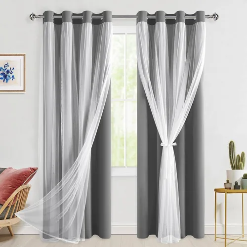 Vista 61 de Hiasan Cortinas opacas con superposición transparente, aislamiento térmico para mezclar y combinar de doble capa, cortinas de oscurecimiento de Beige