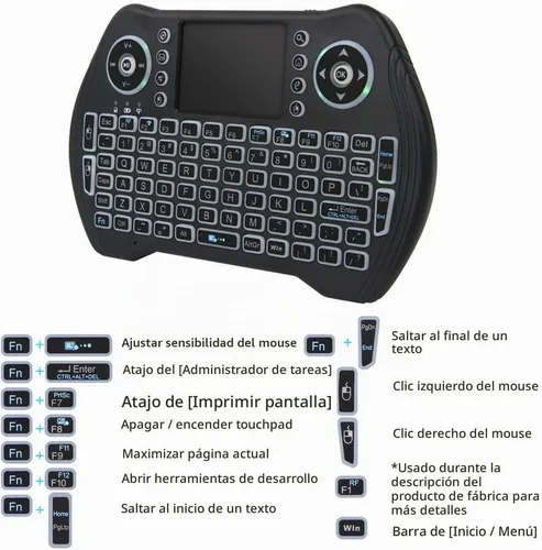 Vista 5 de Mini teclado retroiluminado, mini teclado inalámbrico de 2.4 GHz con ratón de panel táctil, control remoto portátil para PC, Raspberry Pi 2, Pad