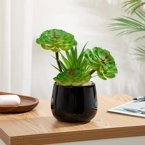 Vista 4 de Briful Plantas suculentas artificiales en maceta de cerámica, suculentas falsas con macetas negras, decoración moderna de escritorio para el hogar
