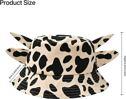 Vista 17 de Sombrero de pescador con estampado de vaca con orejas de cuerno lindas con estampado de vaca, sombrero de sol de playa de verano, sombrero