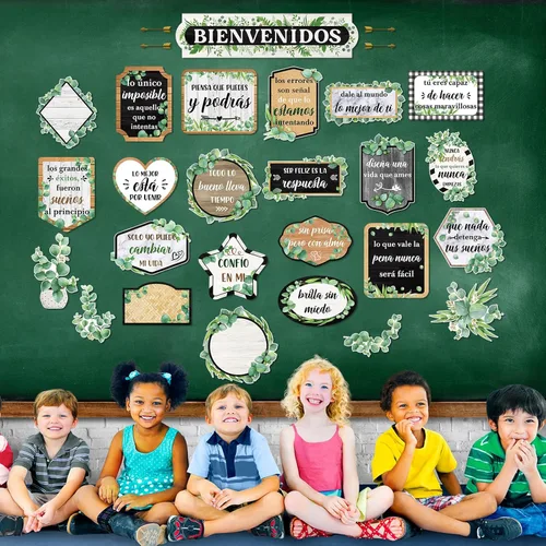 Vista 4 de Pasimy 24 carteles inspiradores en español Bienvenidos para el aula, carteles motivacionales de eucalipto, juego de tablones de anuncios
