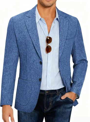 Vista 9 de COOFANDY Mens Blazer Casual Slim Fit Sport Coats Lightweight Sport Jacket Linen Textured Blazer, Two Button Suit Jacket, Patch Pockets, Plaid B