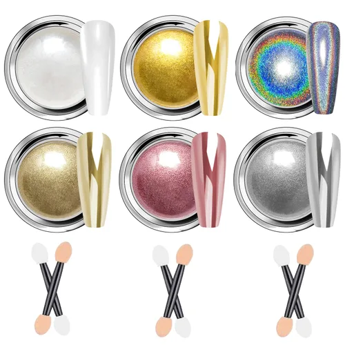 Vista 18 de Polvo de uñas cromado dorado LEDSUUEI Super Mirror Nail Glitter, polvo de metal Holo cromo para uñas, pigmento blanco aurora, dona vidriosa perla