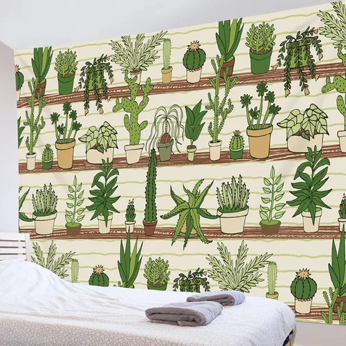Vista 4 de HVEST Tapiz de cactus con diseño de plantas suculentas del desierto tropical en estante de madera, tapiz para colgar en la pared, acuarela botánica