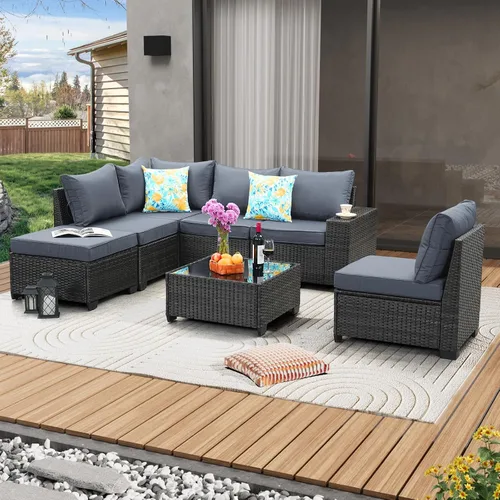 Vista 15 de JOYURE Juego de muebles de patio de 5 piezas, para todo tipo de clima, para exterior, sofá seccional de mimbre, sofá de ratán para patio con cojín