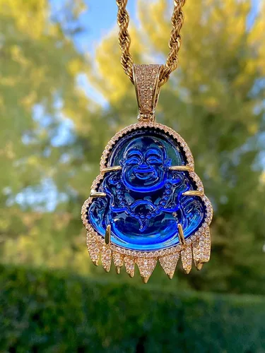 Vista 5 de Shop-iGold - Collar con colgante de jade azul helado, diseño de buda, color azul
