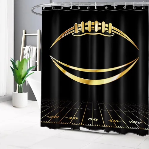 Vista 2 de LB Cortina de ducha de fútbol americano, juego deportivo, acuarela, fondo negro, cortina de baño de dibujos animados, tela de poliéster decorativa