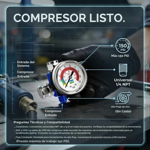 Vista 6 de LE LEMATEC Regulador de compresor de aire y válvula de control de flujo con manómetro - para herramientas neumáticas, pintura en aerosol, inflado