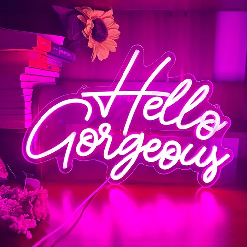 Vista 2 de Letrero de neón LED con texto en inglés «Hello Gorgeous LED», luz nocturna de neón para pared, fiesta de cumpleaños, boda, bar, club, decoración