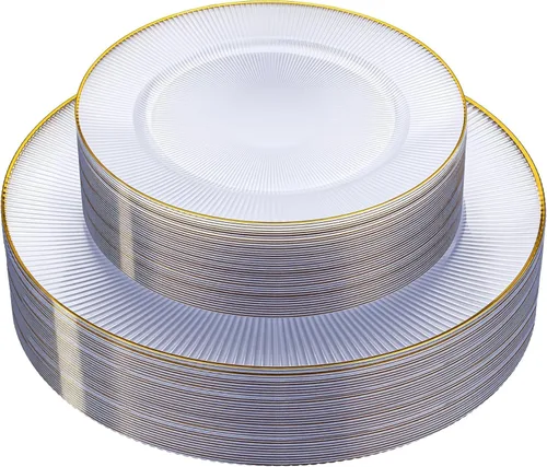 Vista 17 de Hioasis 60 piezas de platos de plástico negro - Juego de vajilla desechable con borde dorado, martillado, resistente, adecuado para 30 invitados