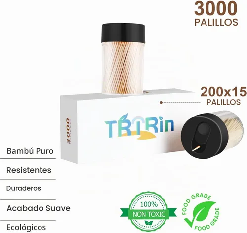 Vista 2 de Palillos de dientes de madera de bambú [3000 unidades]: con 2 soportes para palillos de dientes reutilizables, palillos de dientes resistentes