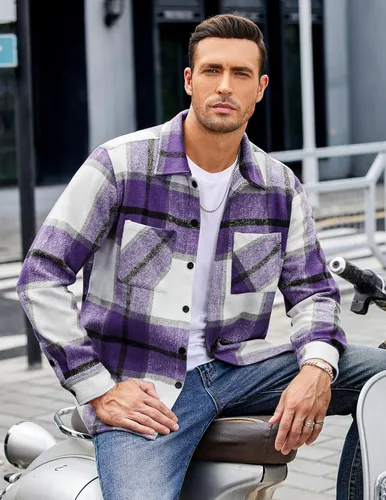 Vista 3 de COOFANDY Camisas de franela para hombre, casual, con botones, a cuadros, chaqueta de manga larga, chaqueta de forro polar con bolsillos