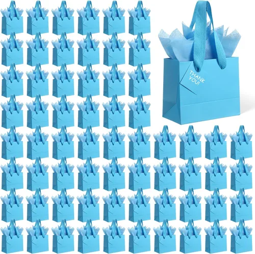 Vista 23 de Qilery 50 bolsas de regalo de papel de boda a granel con papel de seda, pequeñas bolsas de regalo con asa y etiquetas para cumpleaños, bodas