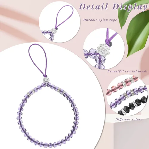 Vista 3 de Weewooday Correa de cordón para teléfono celular, 3 piezas, abalorios de cristal brillantes, correa de muñeca con cuentas para mujer