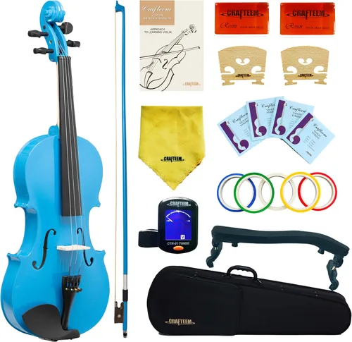 Vista 8 de CRAFTEEM 1/2 Conjunto de violín negro premium hecho a mano para principiantes, adultos y niños con cinta adhesiva para dedos de 5 colores - Violín