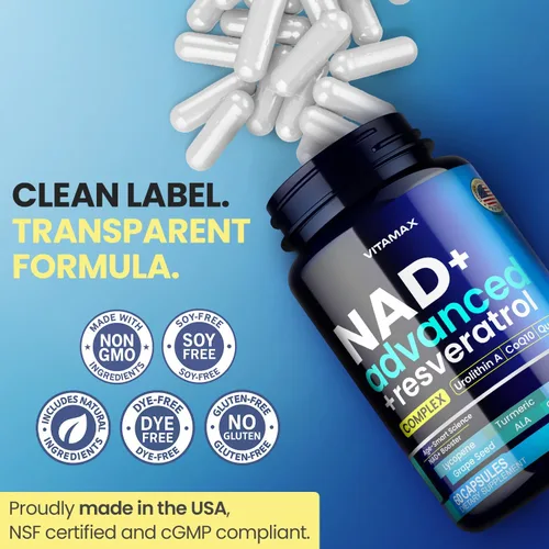 Vista 6 de Suplemento liposomal NAD+ extra fuerte Urolitina A, resveratrol, CoQ10 - Mujeres y hombres - ALA, té verde, quercetina, licopeno Alta pureza