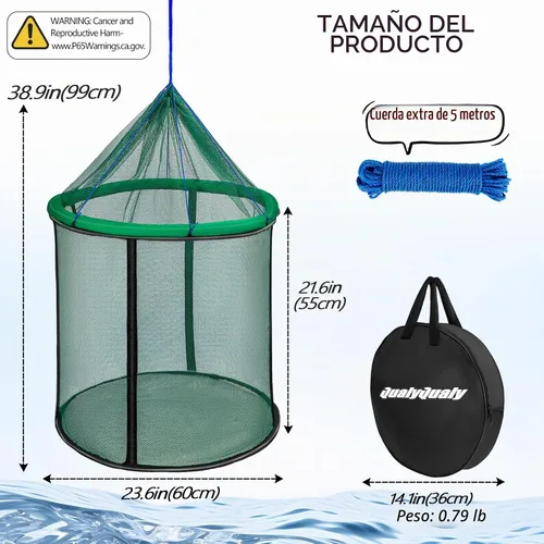 Vista 7 de QualyQualy Floating Fish Basket 41/73 Gallons Extra Large for Live Caught, Fully Foldable Fishing Net Holder for Bait Live Well Collapsible Mesh