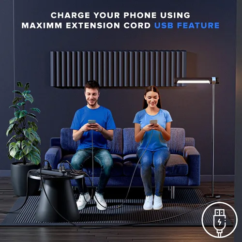 Vista 5 de Maximm Cable de extensión de 1 pie con puertos USB, enchufe plano giratorio 360, 3 salidas (2 puertos USB), conectado a tierra (negro)