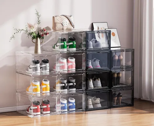 Vista 6 de Cajas organizadoras de almacenamiento de zapatos apilables de acrílico transparente, paquete de 6 unidades, estante para zapatos y sustituto