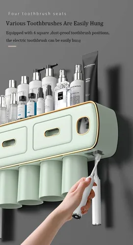 Vista 2 de Soporte para cepillos de dientes montado en la pared para baño y baño, kit de exprimidor de pasta de dientes doble automático, kit de exprimidor