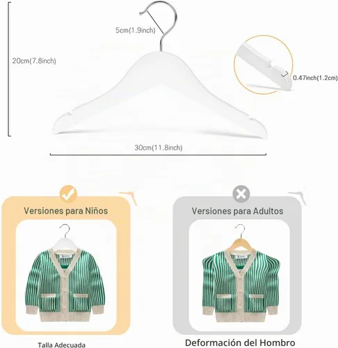 Vista 2 de Nature Smile Perchas de madera con muescas y gancho cromado antioxidante, paquete de 10 unidades (blanco)