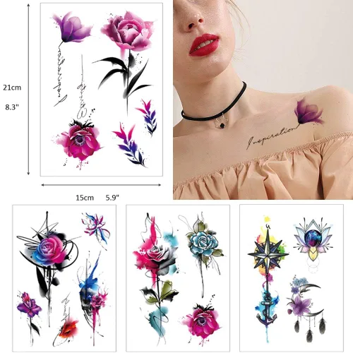 Vista 5 de Glaryyears Tatuaje temporal de flores de acuarela para mujeres y niñas, calcomanías realistas de larga duración, paquete de 10 tatuajes falsos