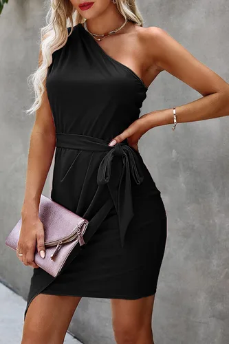 Vista 4 de PRETTYGARDEN - Vestido para mujer, diseño corto, entallado con falda tubo, fruncido y de hombro descubierto para fiestas