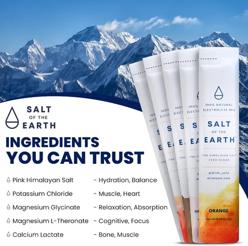 Vista 2 de Salt of the Earth Electrolito de alta calidad sin azúcar – Hecho con sal rosa del Himalaya – Paquetes de polvo de hidratación Ingredientes premium