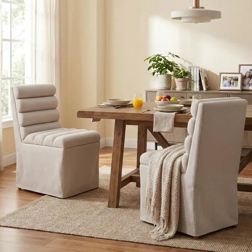 Vista 3 de CIMOTA Juego de 2 sillas de comedor tapizadas, sillas de comedor de tela moderna con respaldo alto cilíndrico/funda con faldón, sillas de cocina sin