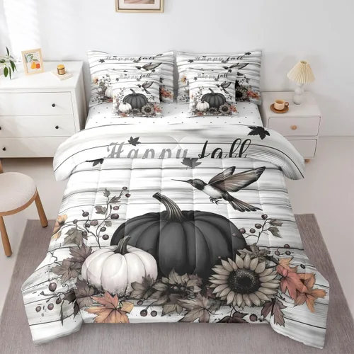 Vista 21 de Feelyou Fall Pumpkin Comforter Set with Sheets 7 Piece Twin Size Autumn Bed in a Bag Kids Boys Girls Pumpkin Maple Leaf Bedding Set Hummingbird Beig