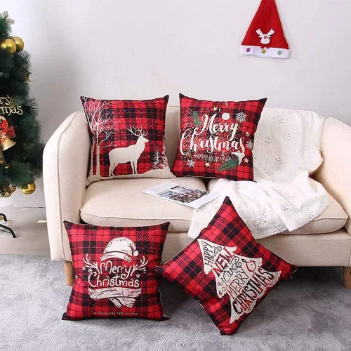 Vista 3 de Juego de 4 fundas de almohada navideñas a cuadros de búfalo de 18 x 18 pulgadas, decoración de almohada de lino y algodón rojo beige para decoración