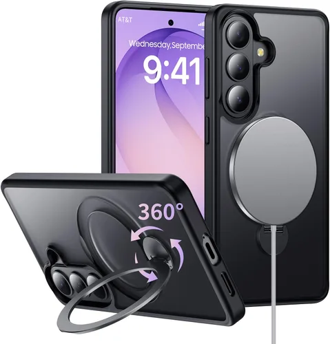 Vista 14 de Funda para Samsung Galaxy S24+ Plus, compatible con MagSafe, con soporte de anillo magnético giratorio de 360° [carga inalámbrica], soporte de Negro