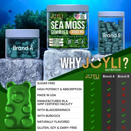 Vista 7 de JOYLI Nutrition Paquete de 2 gomitas de musgo marino para adultos y niños, suplemento vegano de musgo marino irlandés con vejiga y raíz de bardana