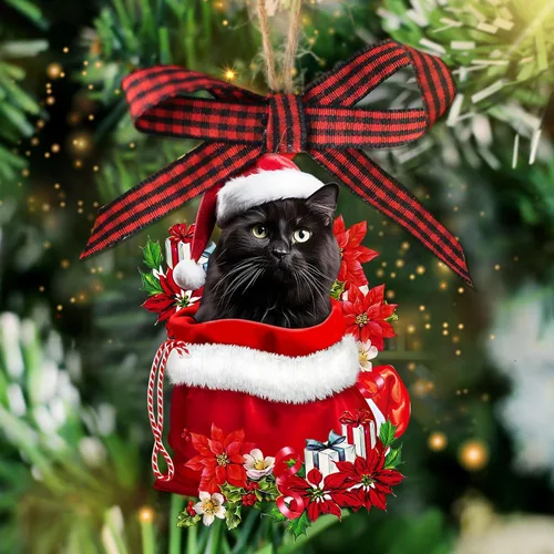Vista 10 de Talataca Adorno de Navidad plano 2D de gato negro, Gato Negro en bolsa de regalo de Papá Noel rojo, decoración de árbol de pino, colgante de casa 4