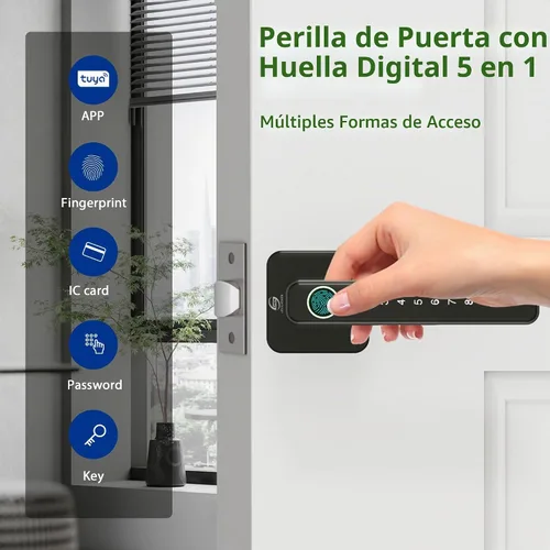 Vista 2 de Cerradura de puerta inteligente, perilla de puerta de huellas dactilares, perilla digital 5 en 1, aplicación/código de teclado/tarjetas IC/huellas