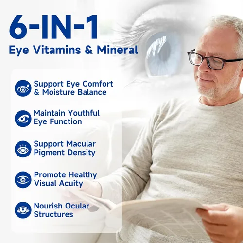Vista 2 de Suplemento vitamínico y mineral para los ojos, soporte visual 120 geles suaves veganos, contiene luteína, zeaxantina, vitamina C y E, zinc, cobre