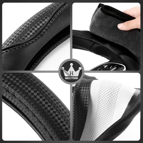 Vista 7 de HighnessHwoo Funda 3D para volante de automóvil, agarre cómodo, masaje deportivo, antideslizante, de fibra de carbono, piel sintética para sedán
