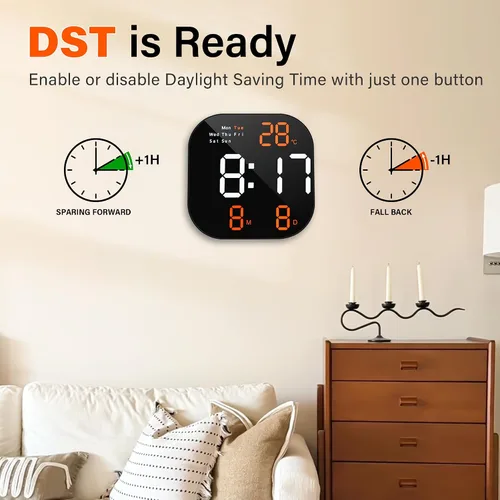 Vista 4 de Reloj de pared digital con pantalla LED grande, brillo automático, temperatura, fecha y día de la semana, control remoto, moderno reloj de pared