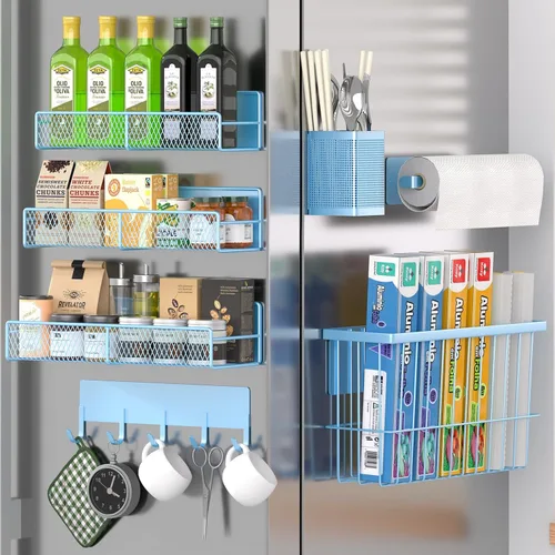 Vista 29 de Estante magnético para especias para refrigerador, paquete de 7 estantes magnéticos fuertes 100% de metal, organizador de especias con soporte