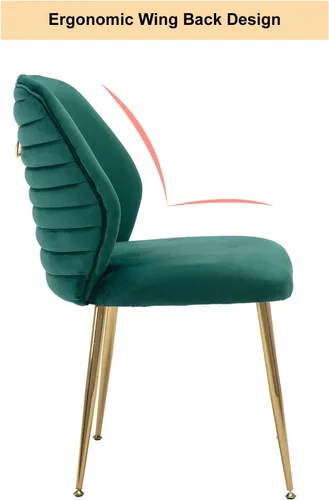 Vista 6 de Juego de 2 sillas de comedor tapizadas, modernas de terciopelo de mediados de siglo con respaldo de ala y patas de metal dorado, cómoda silla