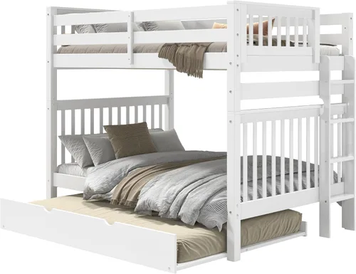 Vista 2 de Bedz King Literas de tamaño matrimonial sobre estilo misión completa con escalera final y cama nido completo, color blanco