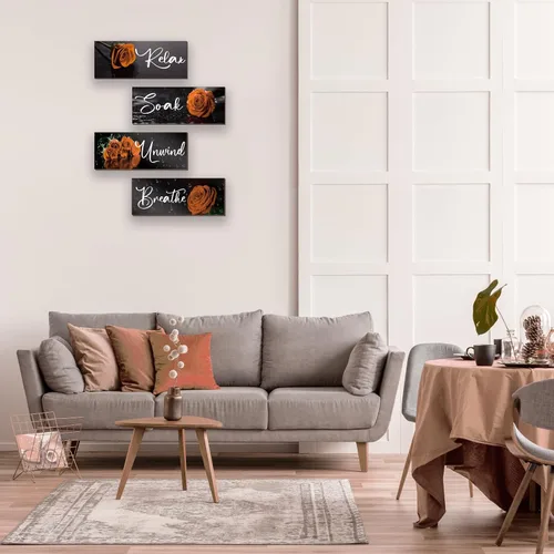 Vista 5 de ZINYAZHE 4 piezas de decoración de baño naranja, decoración de pared de rosas, accesorios de baño de madera naranja con arte de pared para Rosa