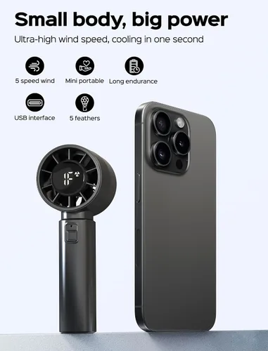 Vista 4 de Ventilador de mano portátil: refrigeración de alta velocidad, mini ventilador recargable por USB con batería de 4000 mAh, 12 horas de duración