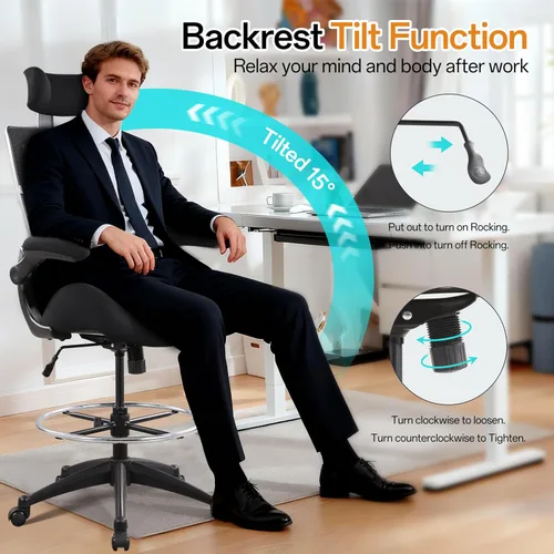Vista 7 de BOLISS Silla de oficina alta de dibujo, 400 libras, respaldo alto, silla de escritorio ancha cómoda con reposabrazos abatibles, soporte lumbar, Negro