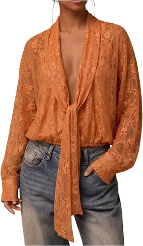 Vista 7 de SOLY HUX Blusa de encaje para mujer, manga larga, malla transparente con lazo frontal Marrón (pure brown)