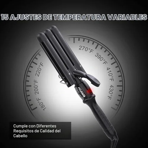 Vista 3 de kuwa Herramienta Rizadora de Cabello, Rizador de Ondas Playeras con 15 Temperaturas Variables, Rizador de 3 Cilindros, Rizador de Cabello
