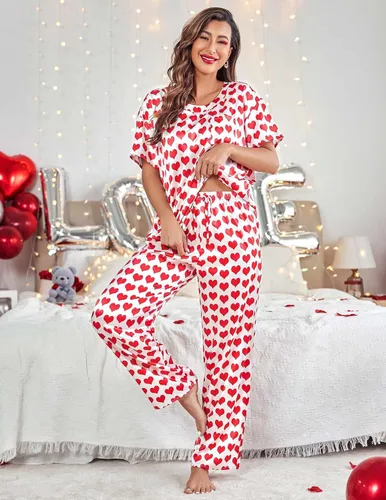 Vista 2 de Ekouaer Conjunto de pijama sedoso de satén para mujer, camisa de manga corta con pantalón largo de pijama, conjunto de pijama suave
