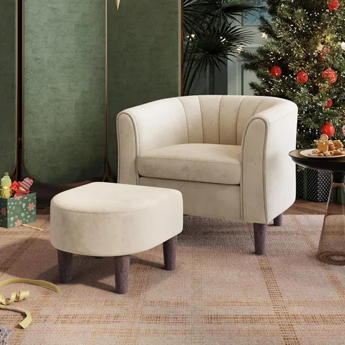 Vista 10 de LINSY Silla decorativa con otomana, moderna silla de barril pequeña, silla de lectura con reposapiés, cómoda silla con brazos redondos para sala