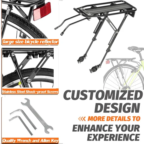 Vista 4 de Portaequipajes trasero para bicicleta con reflectante de gran tamaño, Portaequipajes para bicicleta con soportes de montaje extra largos